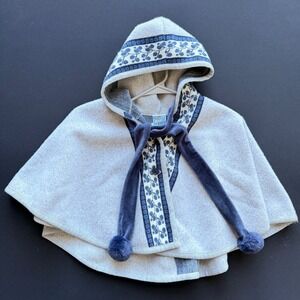 Bognar & Piccolini Hooded Cape Kids 4y-6y Gray Blue Wool Blend Floral Folk Style